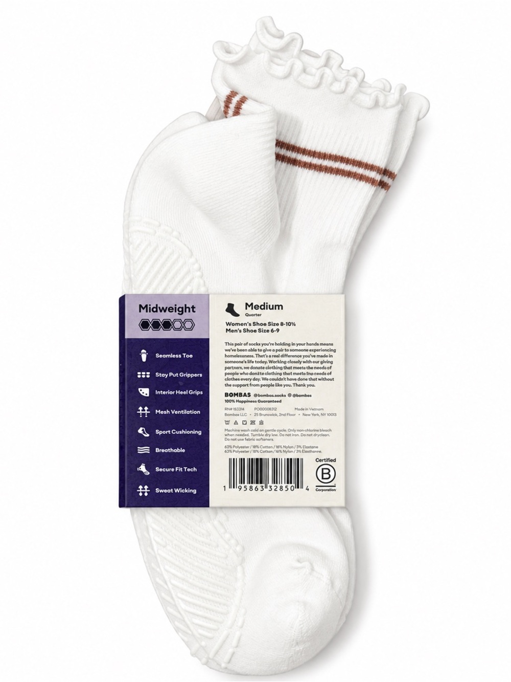 Bombas Womens Studio Gripper Quarter Socks White Medium NWT Pilates Barre